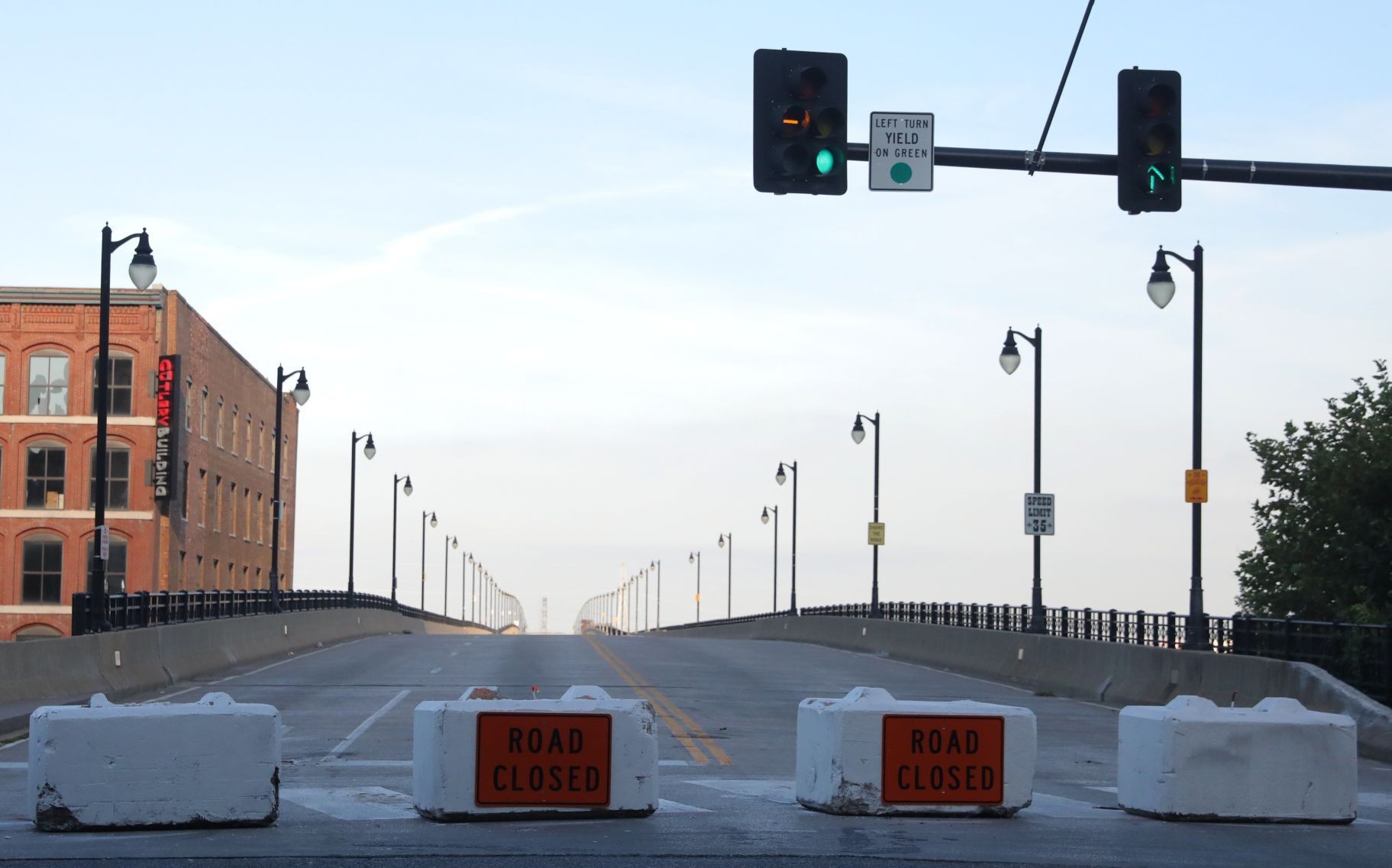Concrete barriers close off vehicular traffic on Eads Bridge